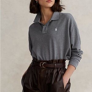 Ralph Lauren Cotton Cropped Long Sleeve Polo Gray